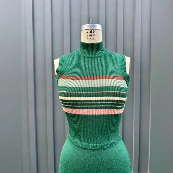 Vintage 1970s Groovy Stripes Sleeveless Mock Neck Knit Green Dress - Picture 3 of 8